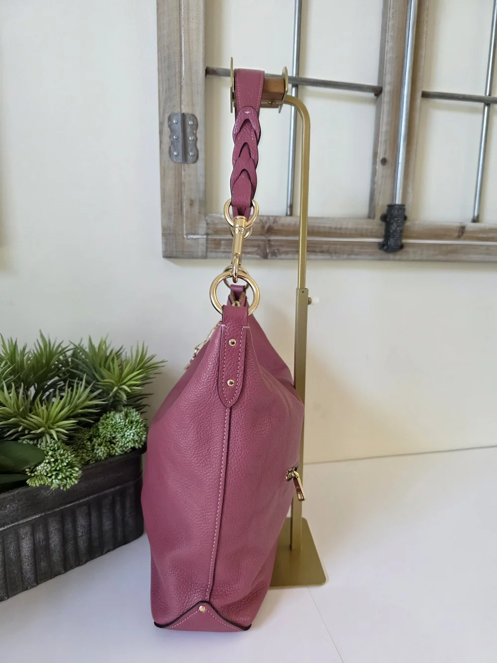 Coach Abby Duffle Shoulder Crossbody Bag Rose Berry Pebbled Leather Heart Charm